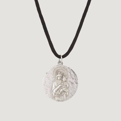 Médaille Scapulaire Sacré Cœur (réversible) avec Vierge couronnée à l’enfant argentée