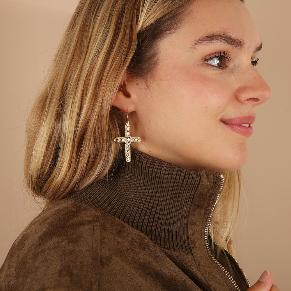 Boucles d'oreille croix dorée avec pierres
